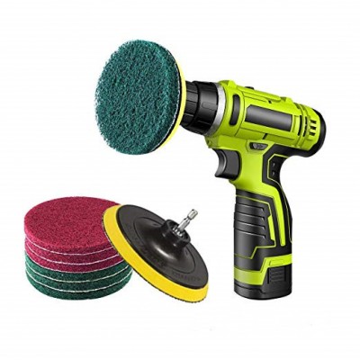 4 Inch Drill Powered Brush Tile Scrubber Scouring Pads Cleaning Kit, Disc Pad Holder with 6 Scrubbing Pads