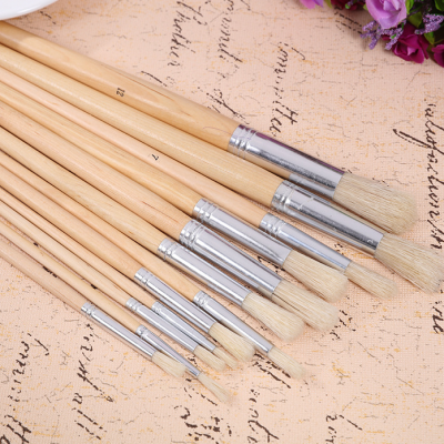 cheap 12pc flat bristle brush wooden handle artist paint brush