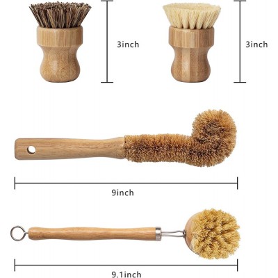 Natural Bamboo Dish Scrub Brush 4 Piece Set - Made From Coconut Fibers Biodegradable Zero Waste Kitchen Brushes